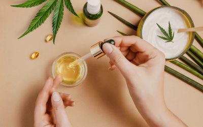 Pipette with CBD cosmetic oil in female hands on a table background with cosmetics, cream with cannabis and hemp leaves, marijuana. Flat lay, top view.